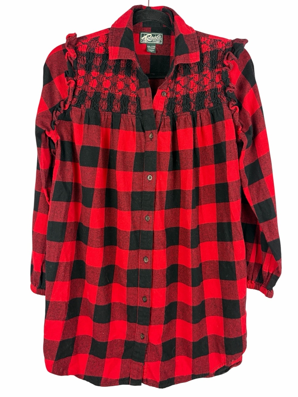 Roots Park Plaid Buffalo Check Ruffle Tunic Shirt XXL 100% Cotton